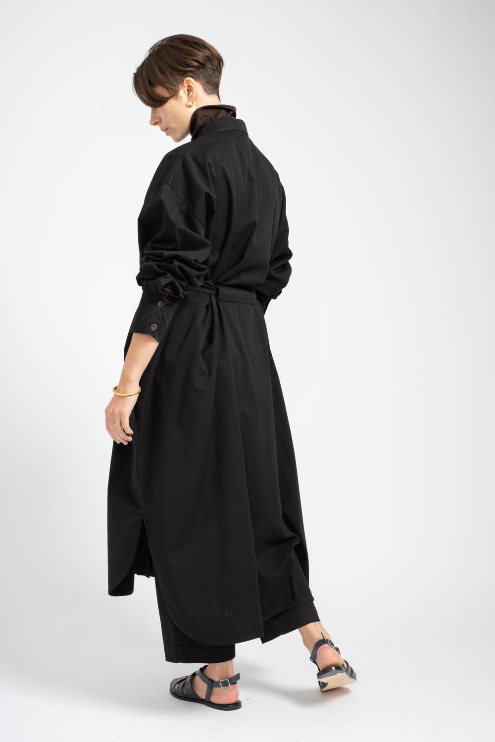 Collared Kaftan Shirt Dress in Black Cotton Twill