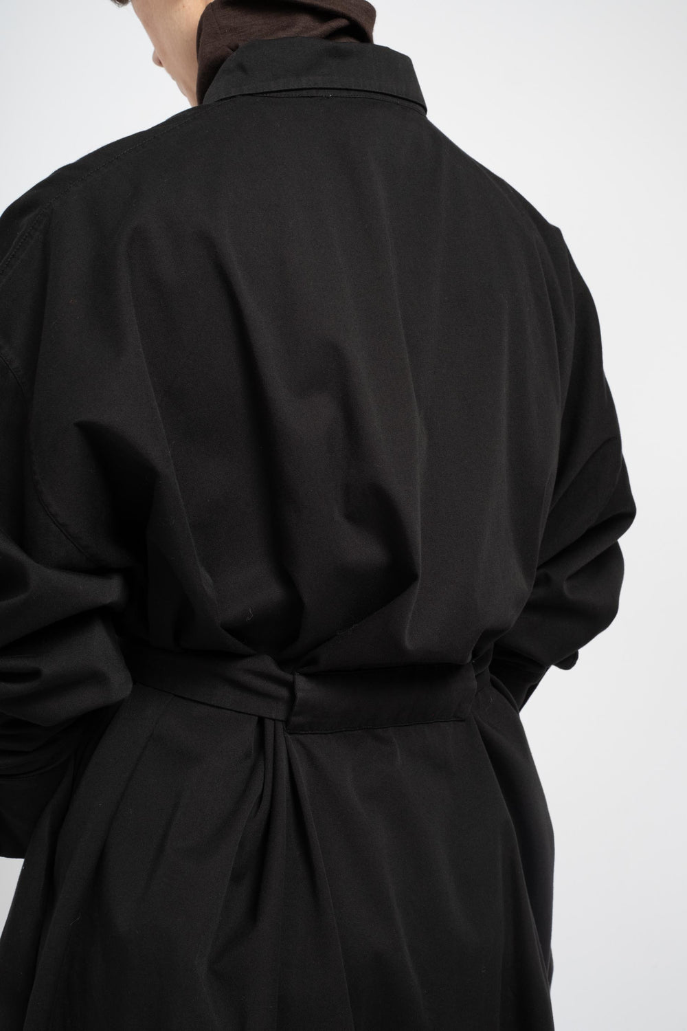 Collared Kaftan Shirt Dress in Black Cotton Twill