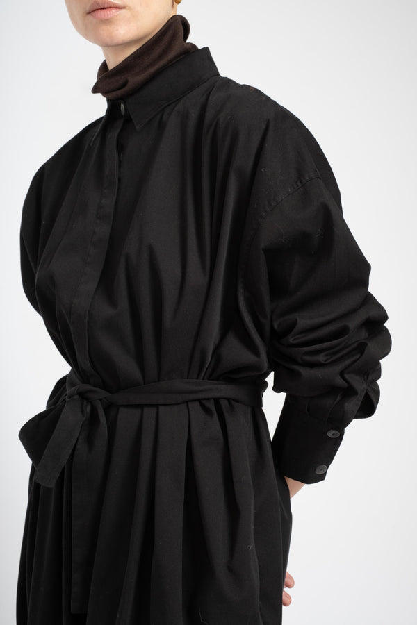 Collared Kaftan Shirt Dress in Black Cotton Twill