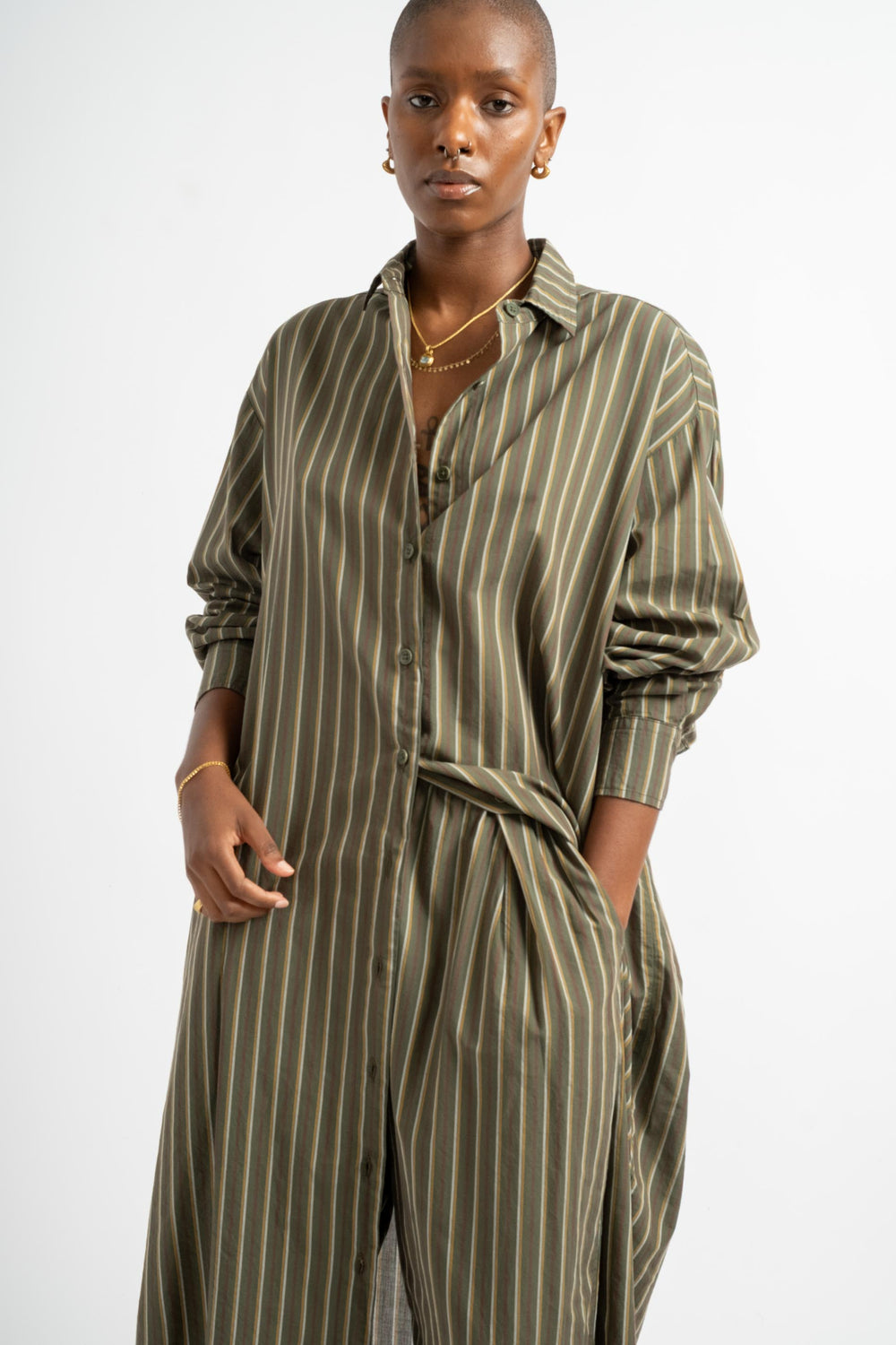 The Shirt Dress in Deadstock Green Stripe