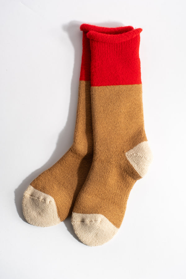 Chunky Pile Boot Sock in Red + Camel