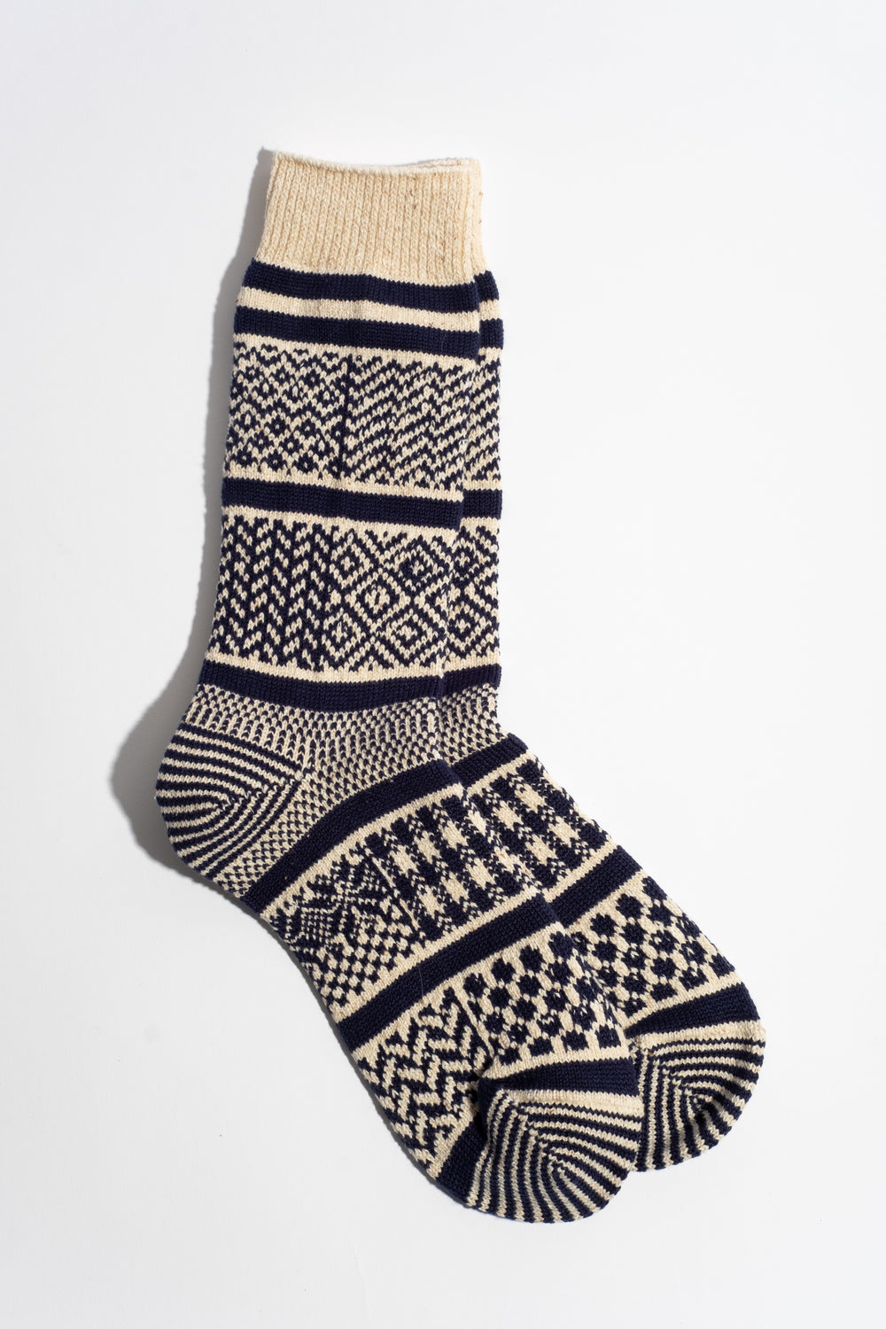 Multi Jacquard Crew Sock in Ivory + Navy