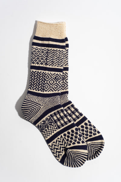 Multi Jacquard Crew Sock in Ivory + Navy