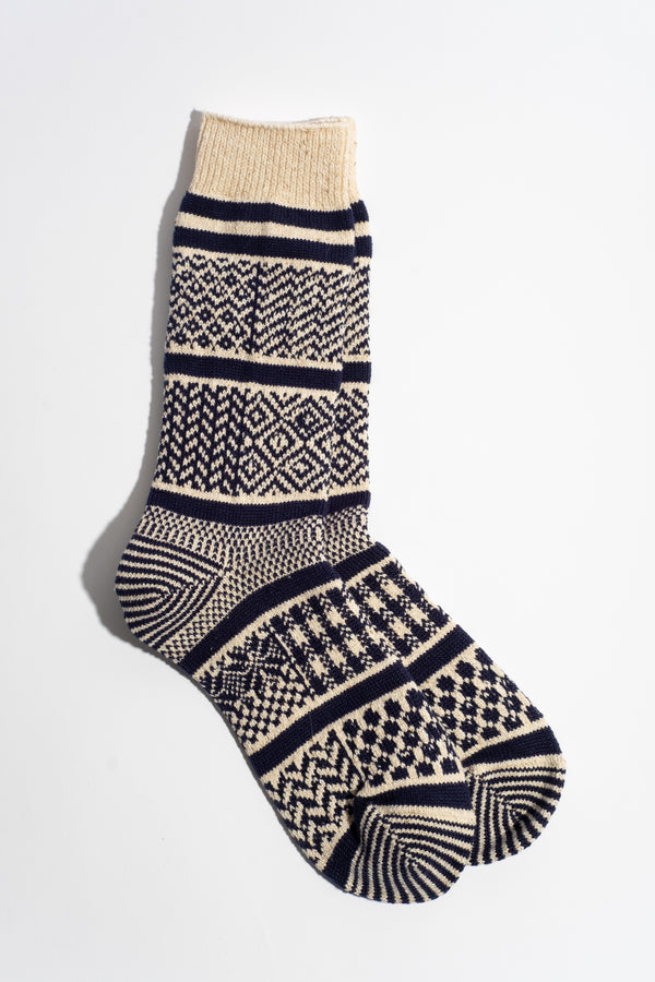 Multi Jacquard Crew Sock in Ivory + Navy