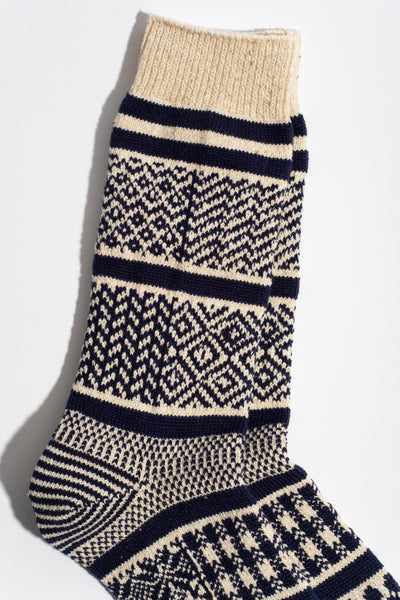 Multi Jacquard Crew Sock in Ivory + Navy