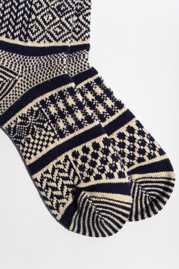 Multi Jacquard Crew Sock in Ivory + Navy