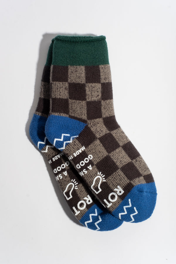 Pile Room Sock in Dark Green + Blue Checkerboard