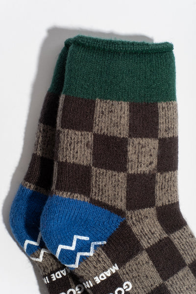 Pile Room Sock in Dark Green + Blue Checkerboard