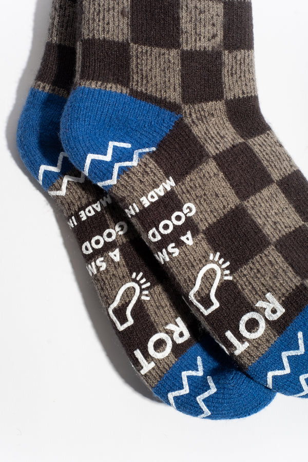 Pile Room Sock in Dark Green + Blue Checkerboard