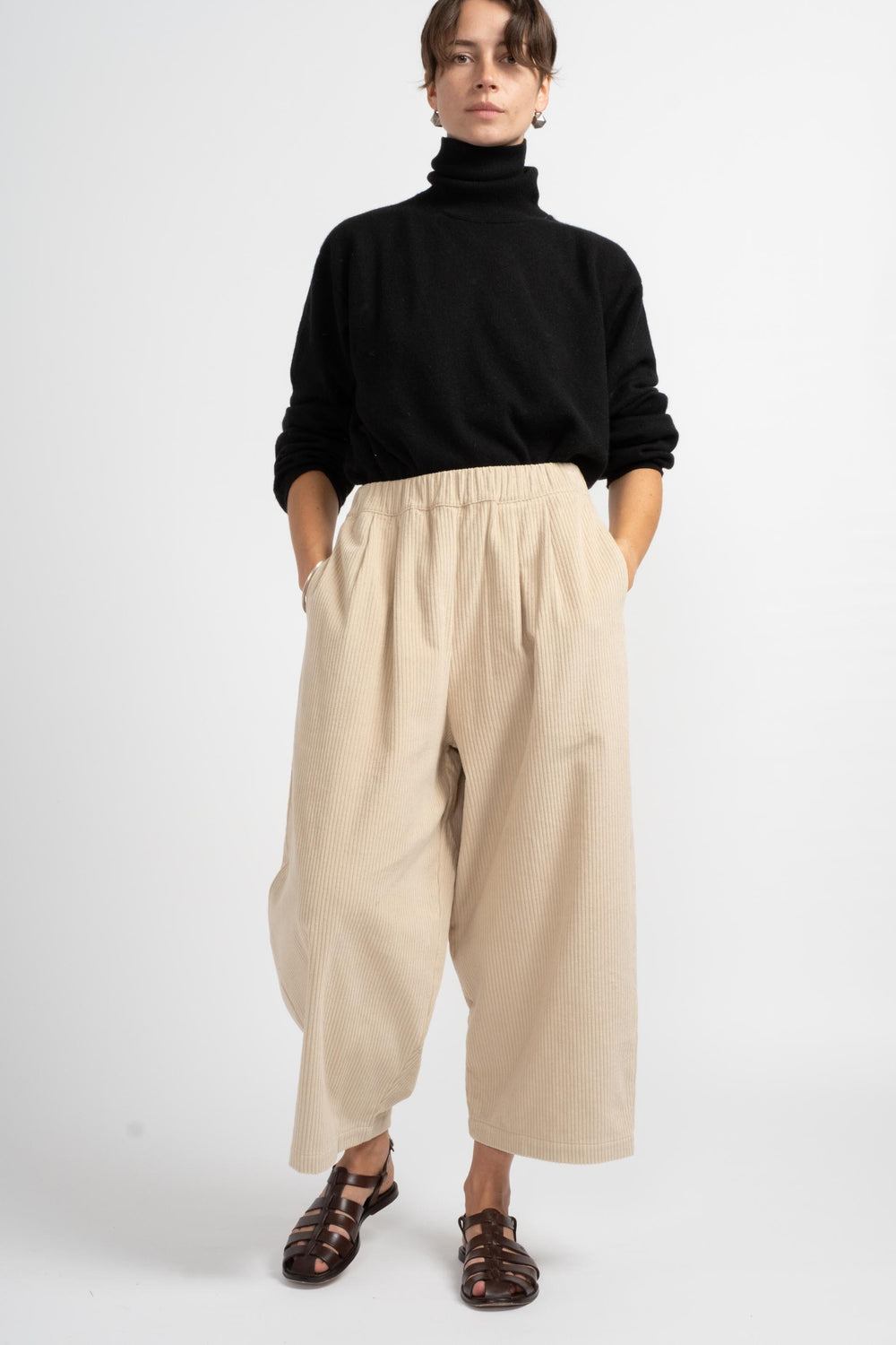 Black Crane Corduroy Wide Pants in Ivory