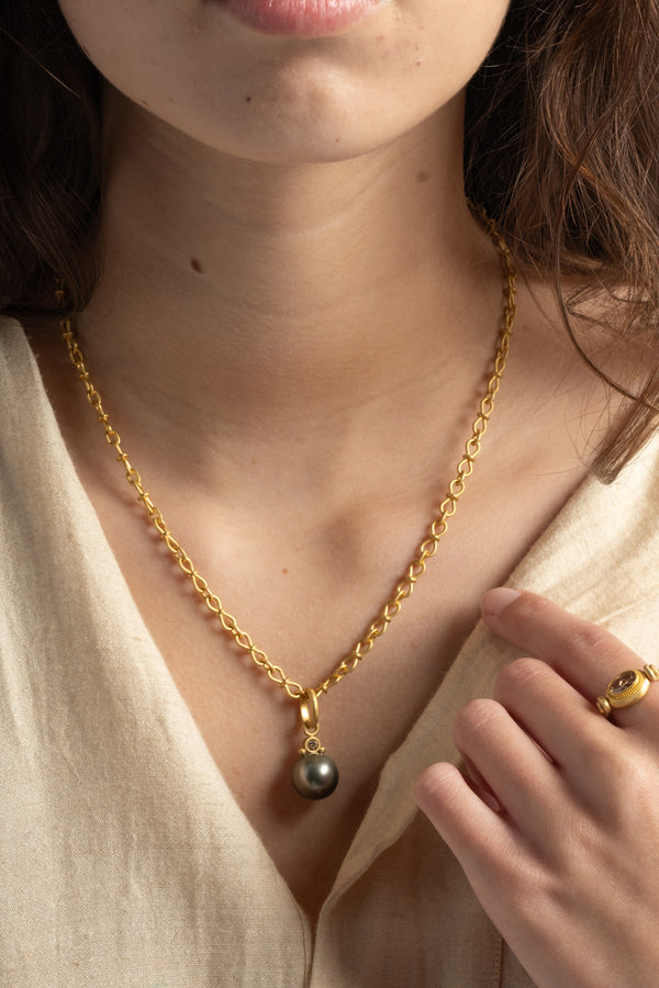 Natural Tahitian Pearl + Champagne Diamond Pendant