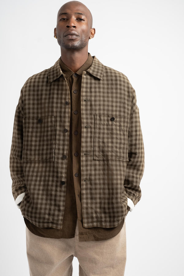 Field Shirt Two Yarn Dyed Linen Check in Beige + Brown