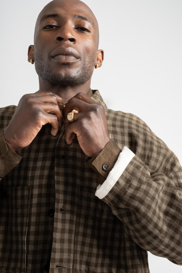 Field Shirt Two Yarn Dyed Linen Check in Beige + Brown