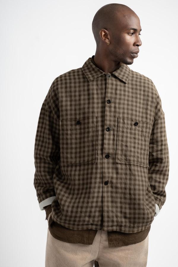 Field Shirt Two Yarn Dyed Linen Check in Beige + Brown
