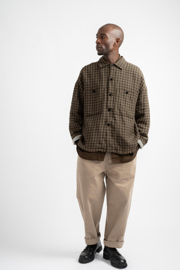Field Shirt Two Yarn Dyed Linen Check in Beige + Brown