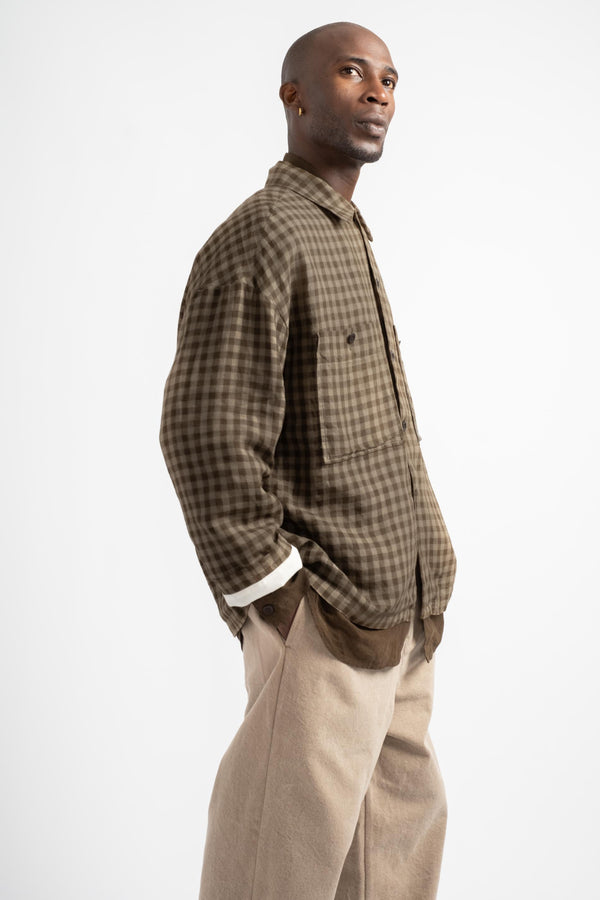 Field Shirt Two Yarn Dyed Linen Check in Beige + Brown