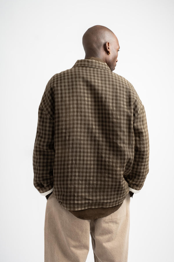 Field Shirt Two Yarn Dyed Linen Check in Beige + Brown