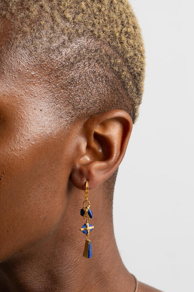 Lou Zeldis 22K Three Drop Lapis Earrings on Model