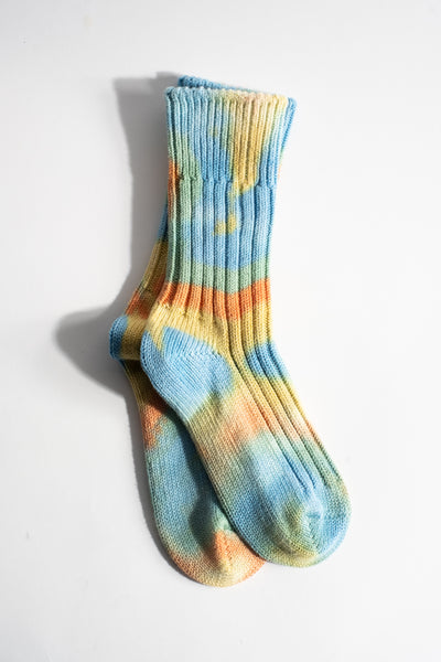 Chunky Ribbed Crew Sock in Blue + Yellow Tie Dye