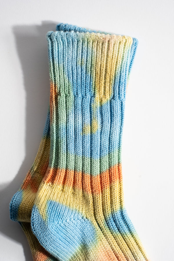 Chunky Ribbed Crew Sock in Blue + Yellow Tie Dye