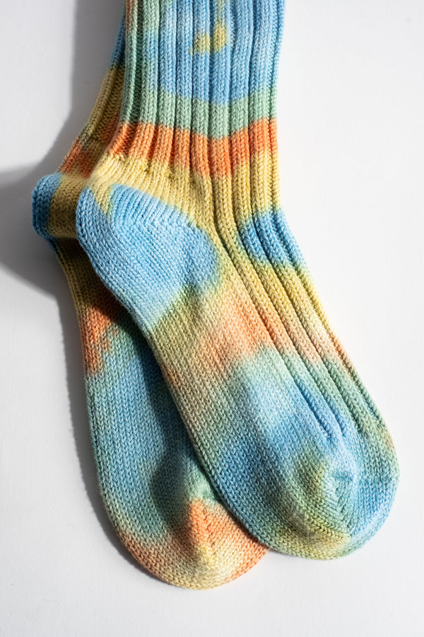 Chunky Ribbed Crew Sock in Blue + Yellow Tie Dye