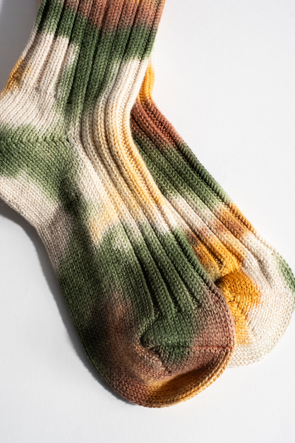 Chunky Ribbed Crew Sock in Green + Brown Tie Dye