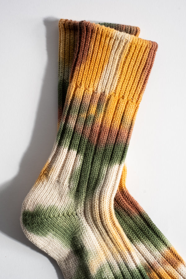 Chunky Ribbed Crew Sock in Green + Brown Tie Dye