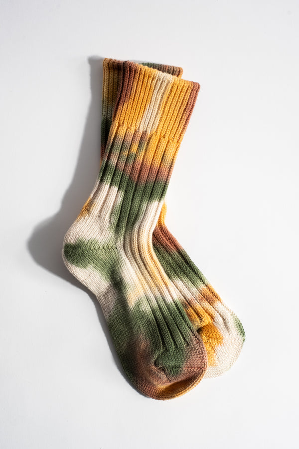 Chunky Ribbed Crew Sock in Green + Brown Tie Dye