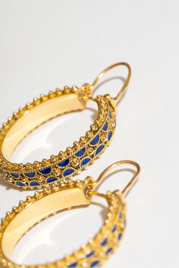 Vintage 18K Etruscan Enamel Hoops Front