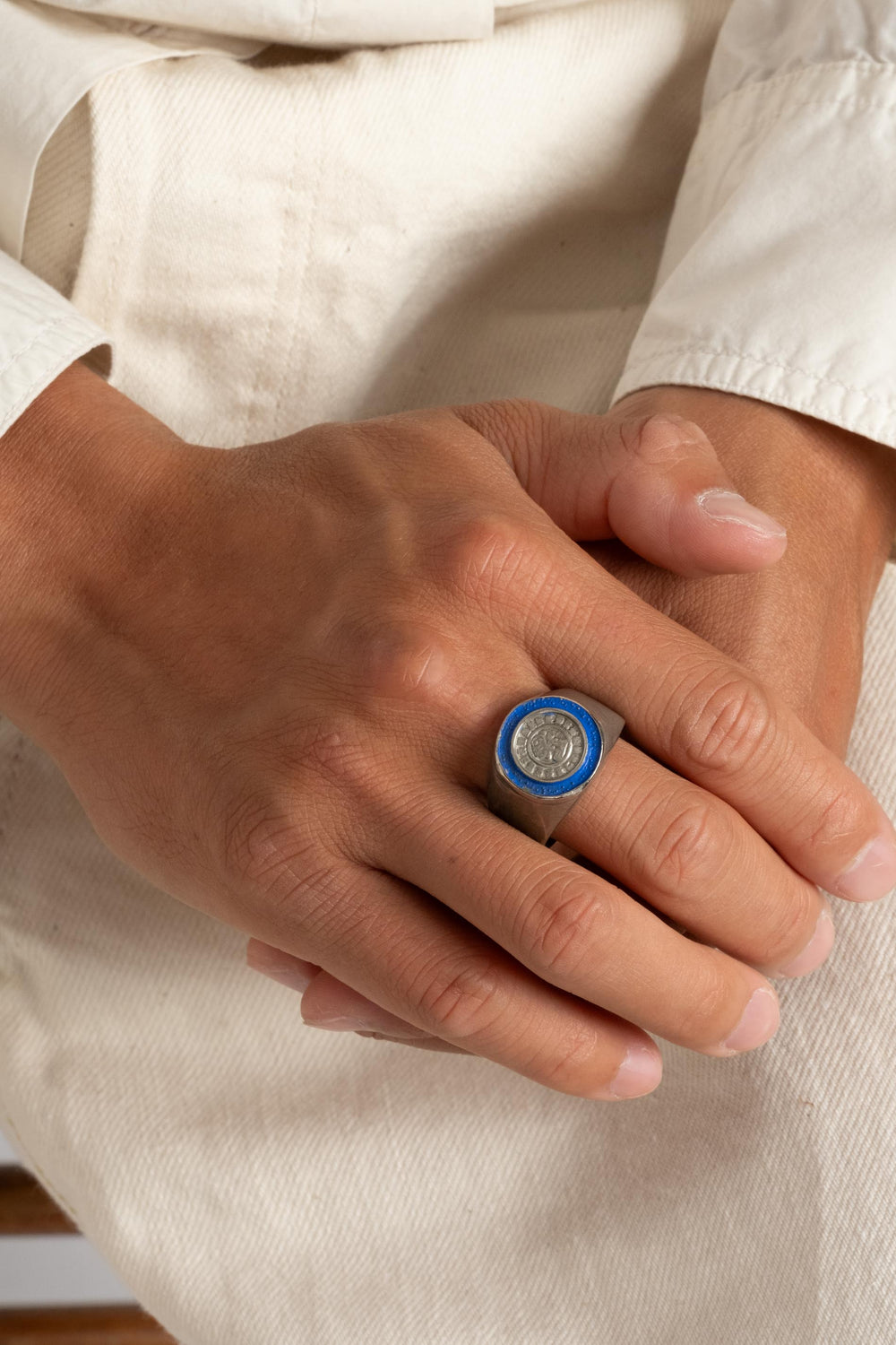 Vintage Sterling Enamel Mexican Coin Signet Ring on Model