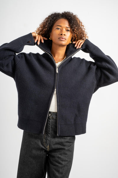 Sandos Rib Zip Through Jumper in Darkest Navy
