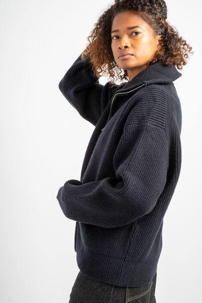 Sandos Rib Zip Through Jumper in Darkest Navy
