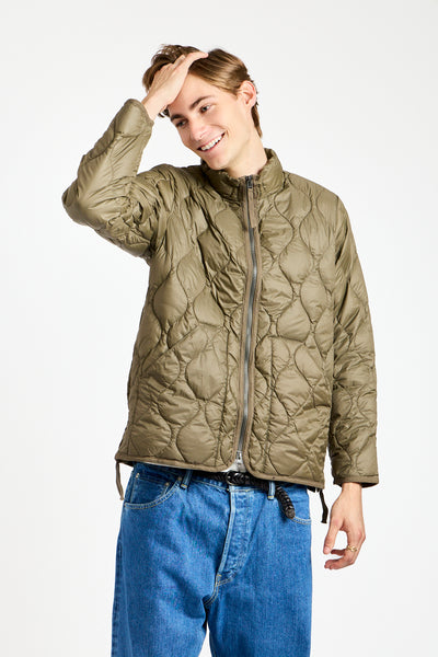 Military Hi-Neck Zip Down Jacket in Dark Olive