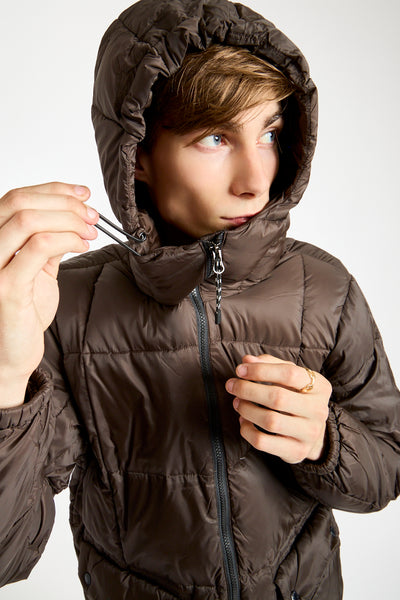 Mountain Volume Hood Down Jacket in Dark Chocolate