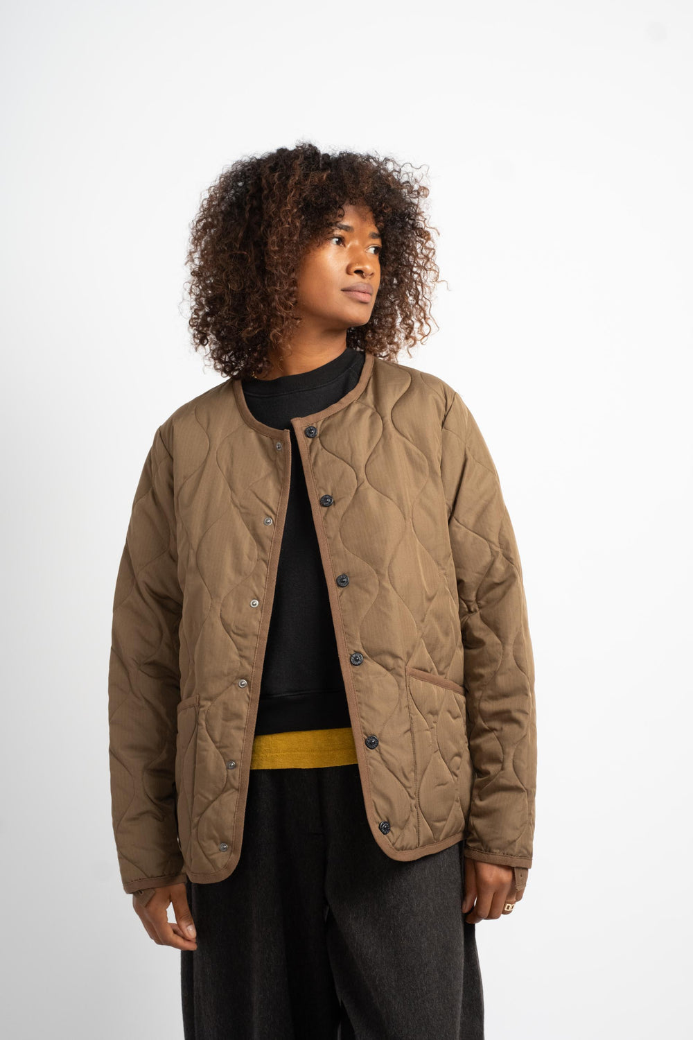 Military Crew Neck Down Jacket in Light Brown