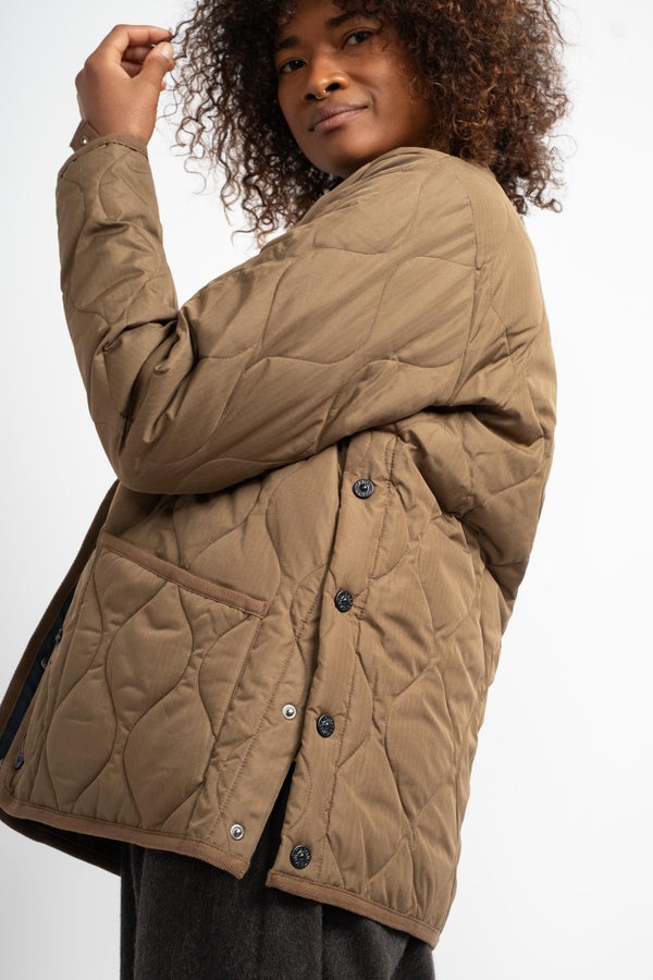 Military Crew Neck Down Jacket in Light Brown