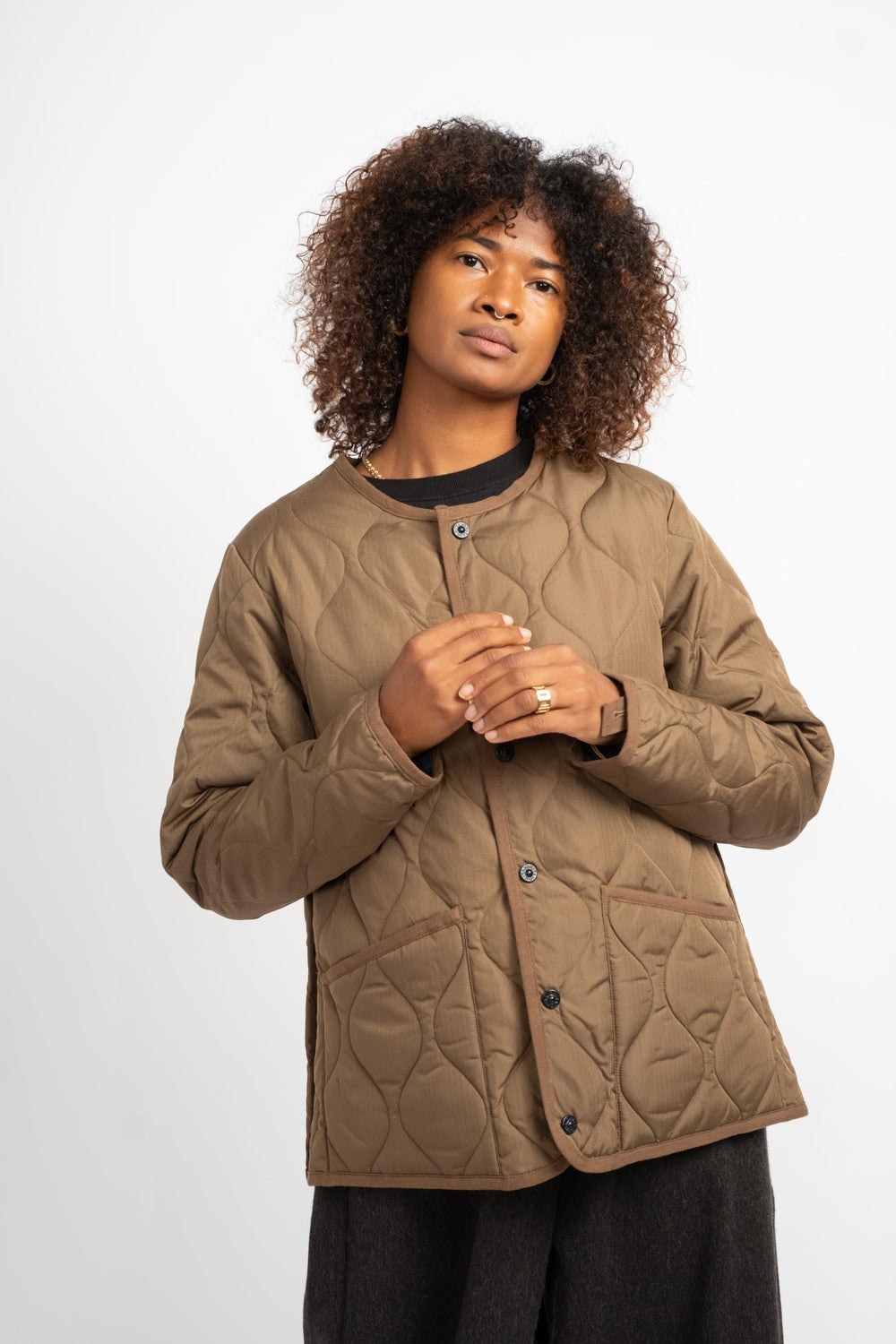 Military Crew Neck Down Jacket in Light Brown