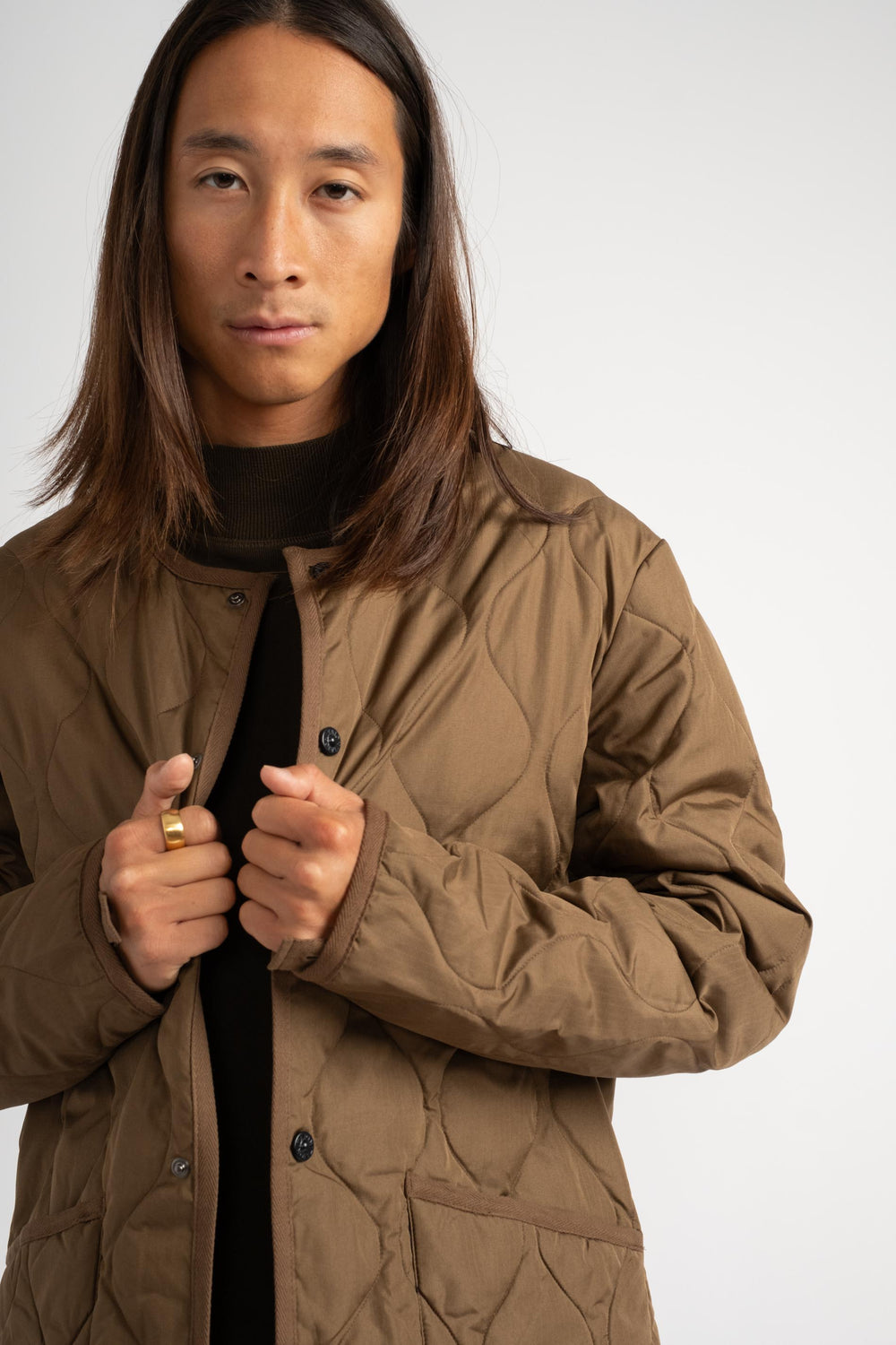 Military Crew Neck Down Jacket in Light Brown