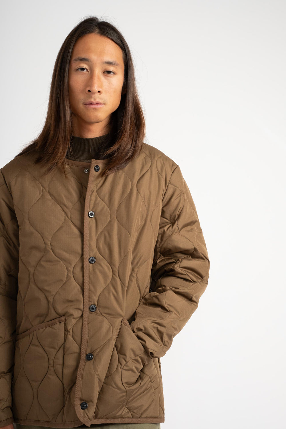 Military Crew Neck Down Jacket in Light Brown