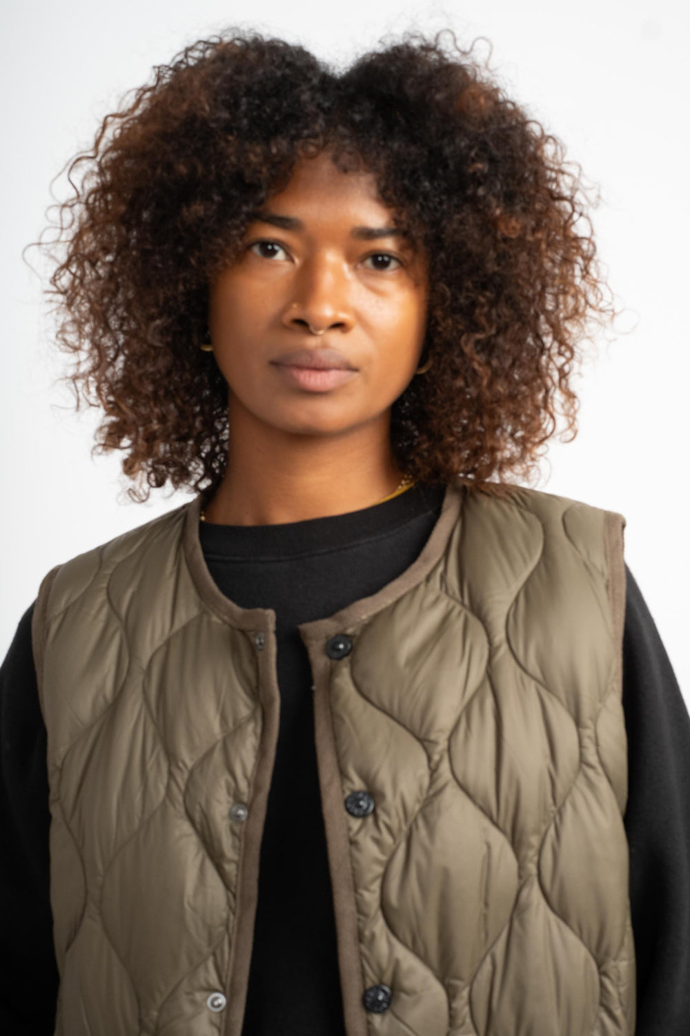 Military Crew Neck Down Vest in Dark Olive