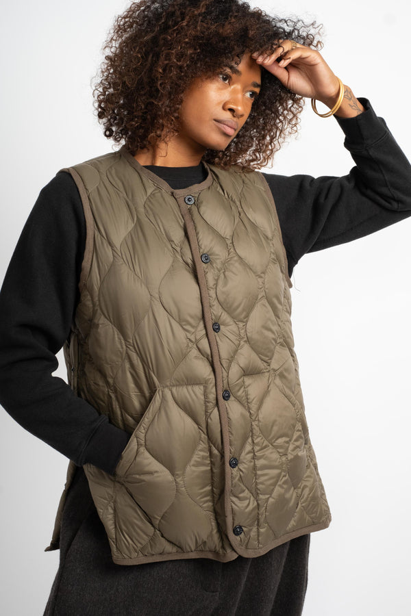 Military Crew Neck Down Vest in Dark Olive