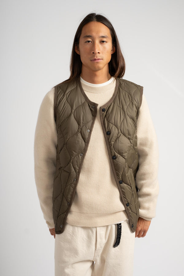 Military Crew Neck Down Vest in Dark Olive