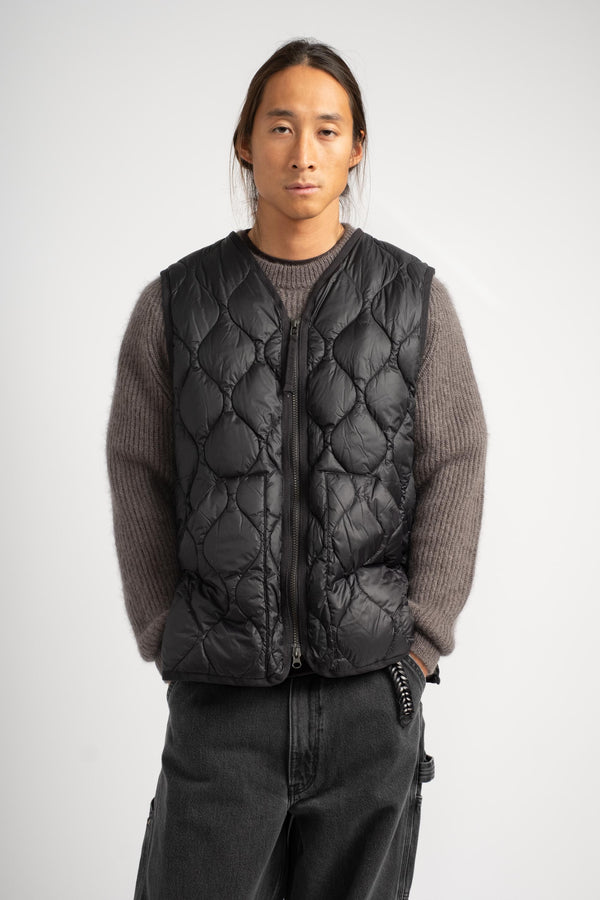 Military V-Neck Zip Down Vest in Black