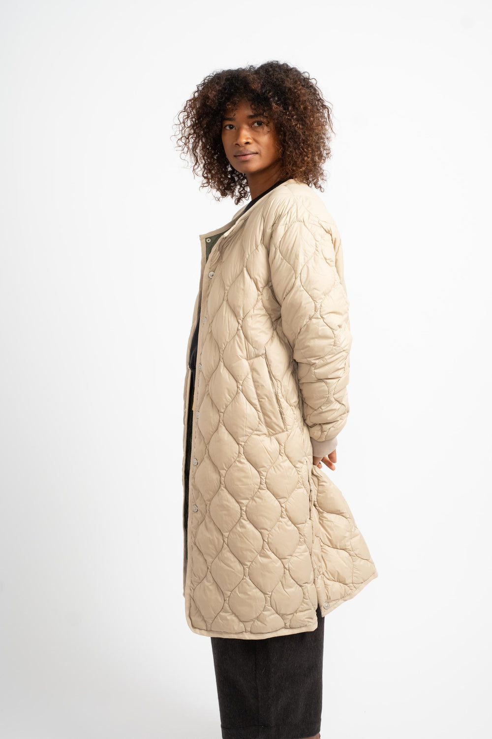 Over Size Crew Neck Long Down Jacket in Beige