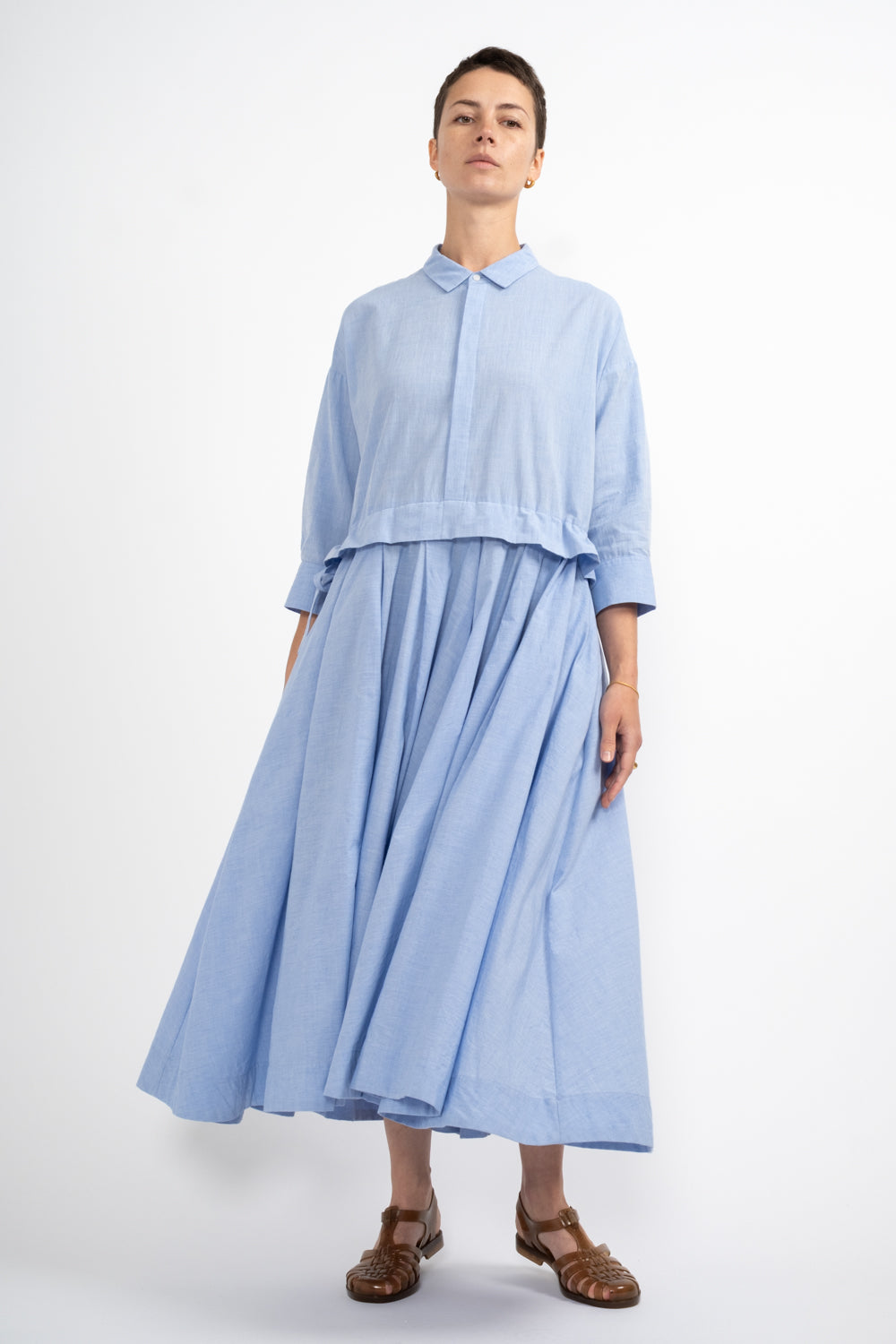 Flare Tuck Chambray Dress in Blue