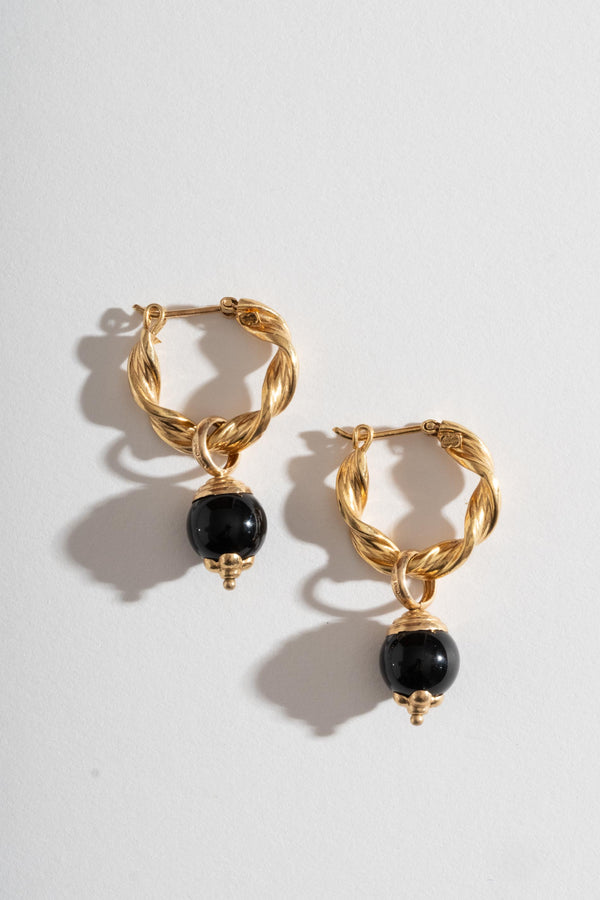 14K Twisted Hoops with Onyx Drops