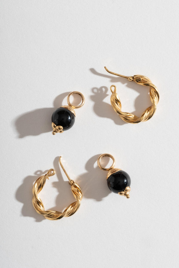 14K Twisted Hoops with Onyx Drops