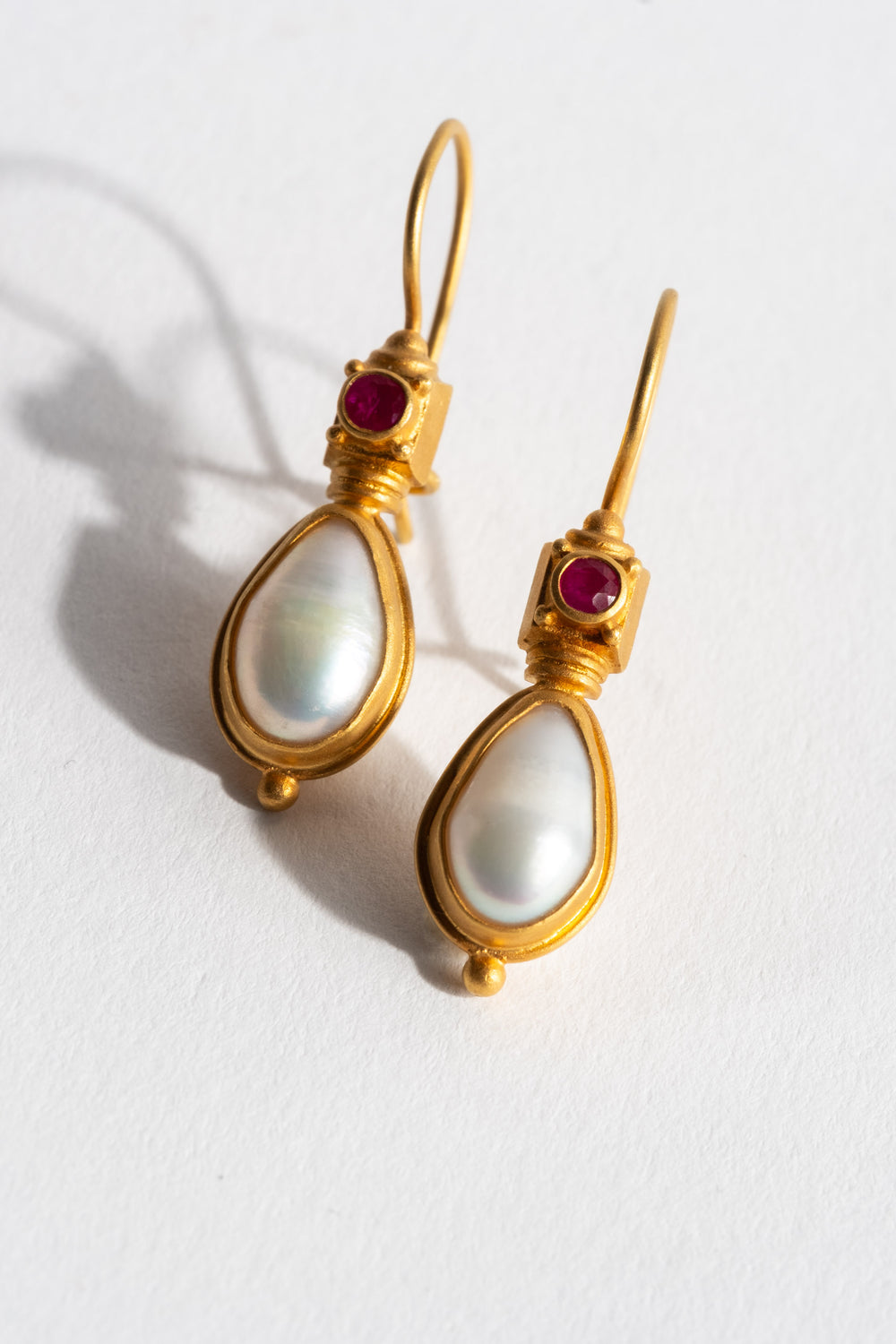 18K Greek Etruscan Style Pearl and Ruby Earrings