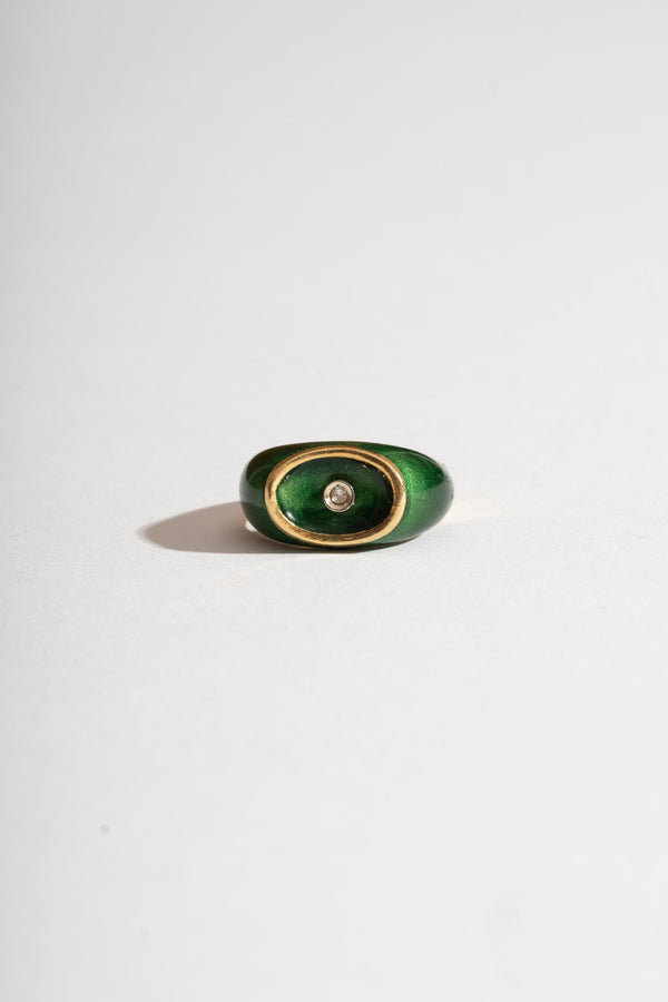 18K Green Enamel Ring with Diamond