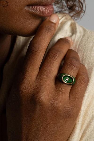 18K Green Enamel Ring with Diamond